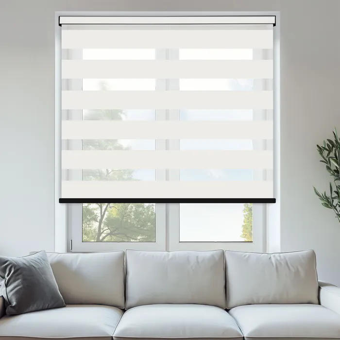 Day and night vision blind with alternating sheer and solid stripes.